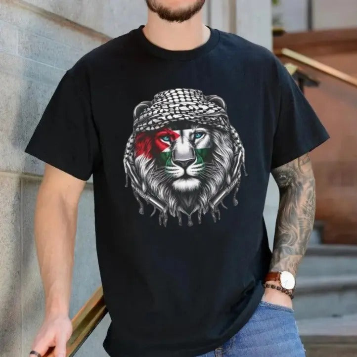 Time Of Palestine: Lion Keffiyeh T Shirt Casual Menswear, Unisex Short Sleeve Tee Top Classic Cotton Streetwear Hoodie,...