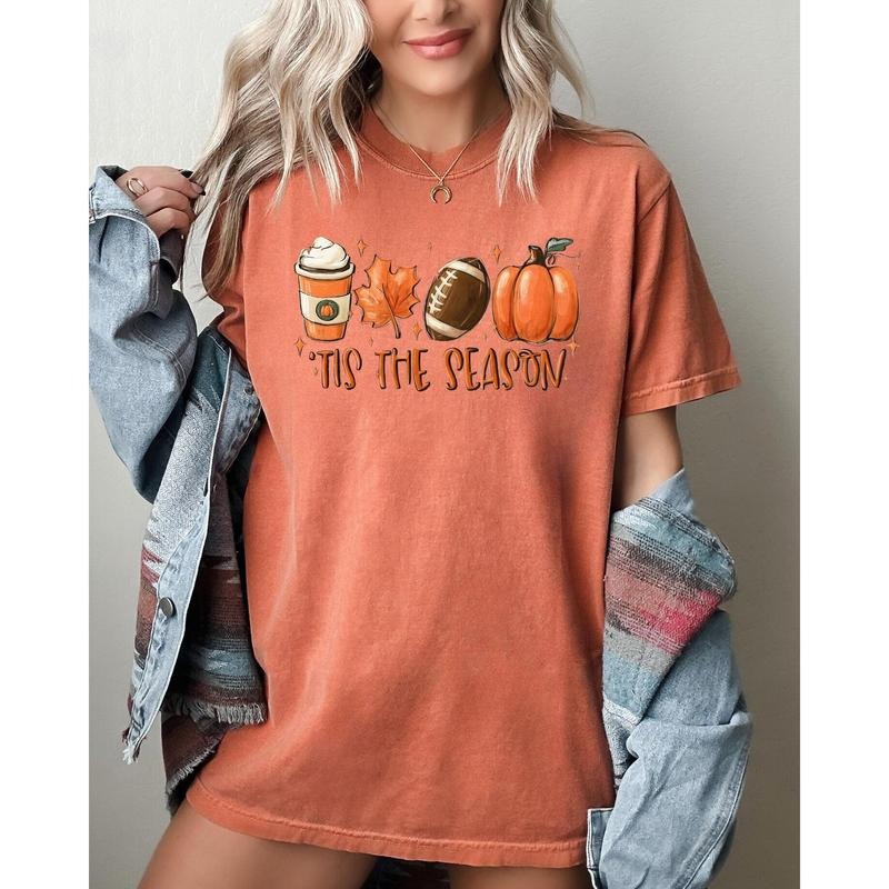 Tis The Season, Pumpkin Spice Latte, Football, Leaves, Coffee, Autumn, Fall Shirt, Women's Comfort Color Tee, Tshirt...