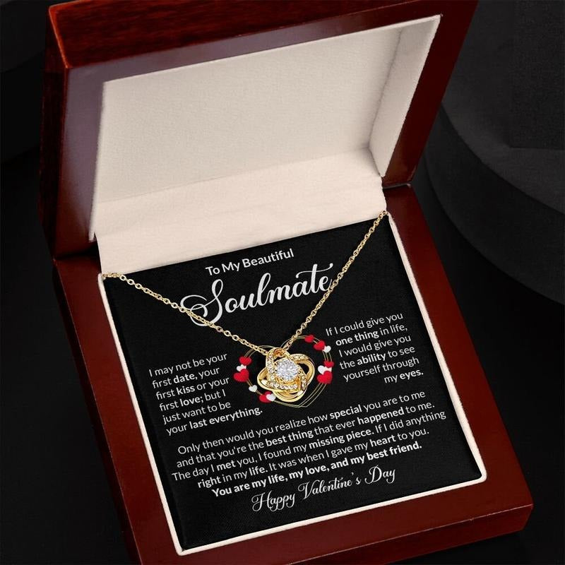 To My Beautiful Soulmate Neckleck, Happy Valentines Day Necklace Loveknot Gifts Jewelry, Gift For Soulmate Wife...