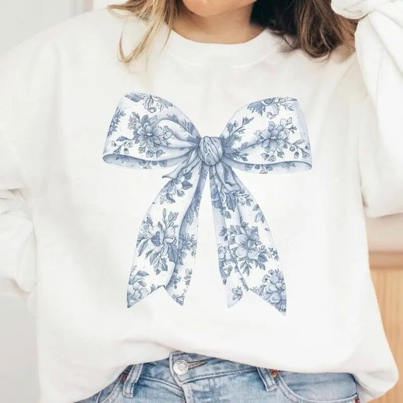 Toile De Jouy Blue Coquette Sweatshirt, Blue Ribbon Shirt, Cotton Round Neck Tee, Unisex Tshirt for Men and Women,...