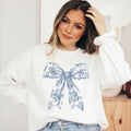 Toile De Jouy Coquette Bow Sweatshirt, Blue Ribbon Sweater Girly Aesthetic, Unisex Shirt, Full Size, Full Color,...