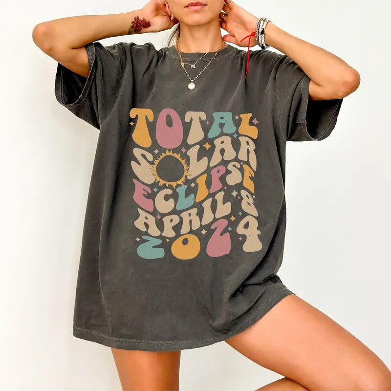 Total Solar Eclipse Shirt April 8 2024 Solar Eclipse Astronomy Shirt Retro Groovy Distressed Celestial Vintage Wash T-Shirts, Hoodie, Sweatshirt