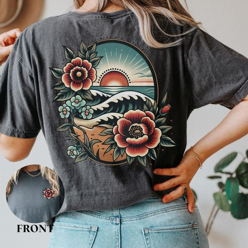 Traditional Floral Beach Sunset Tshirt, Comfort Colors Beach Vacation Shirt, Women's Mother's Day Birthday Gift for Her,...
