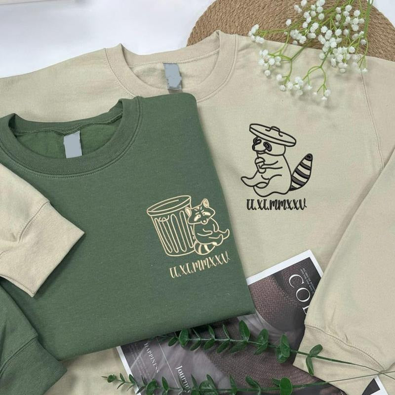 Trash Pandas (Raccoons) Matching Couples Embroidery Sweatshirt, Embroidered Couple Sweatshirt, Matching Hoodies for...