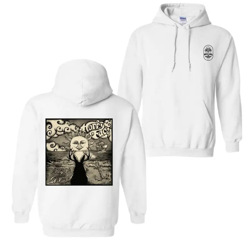 Treaty Oak Revival Happy Face Hoodie - Artistic vintage-style sun design, perfect for music events and unique fashion,...