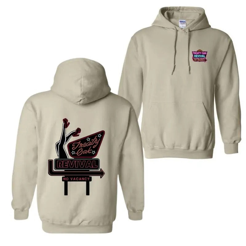 Treaty Oak Revival No Vacancy Hoodie - Bold Neon Sign Featuring Retro-Inspired Graphic, Perfect for Fans of Vintage...