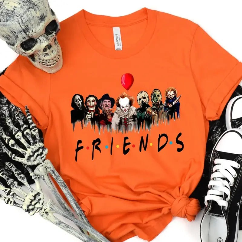 Trending Horror Characters Friends Tee, Halloween Horror Movie Characters Unisex Cotton Orange T-shirt Available sizes...