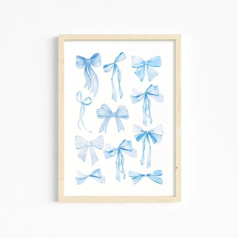 Trendy Blue Bows Art, Preppy Poster, Watercolor Bows Print, Coquette Room Decor, Girly Wall Art, Gifts For Women Her...