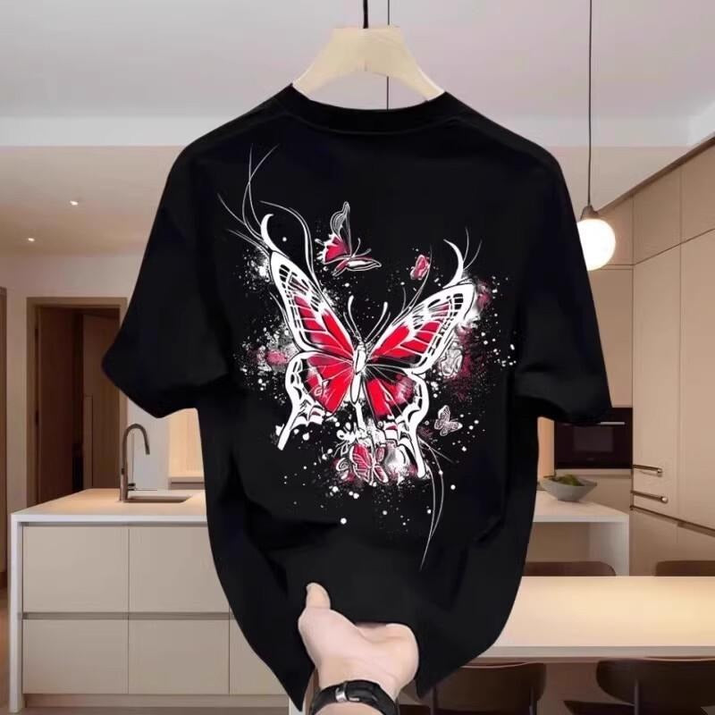 Trendy Dark Style Butterfly Printed Short-Sleeved T-shirt Men's 2025 Summer Loose round Neck Fashion Brand Couple's Tops...