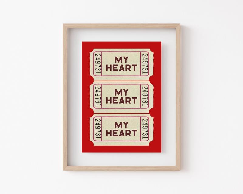 Trendy Heart Ticket Print, Red Valentines Day Decor, Cute Valentines Print, Valentines Day Wall Art, Dorm Room Decor,...