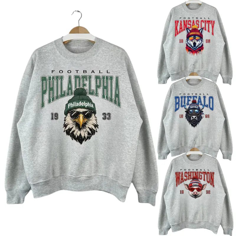Trendy Mascot in Beanie with Sunglasses Sweatshirt - All Team Football Mascot Shirt Hoodie | GrindPrints.com