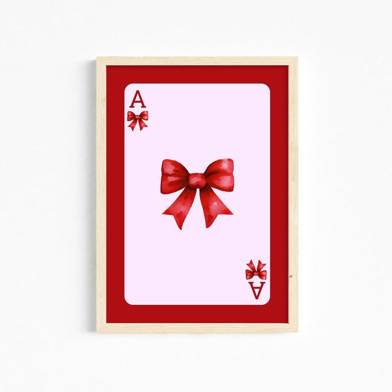 Trendy Red Bow Wall Art, Preppy Poster, College Apartment Decor, Watercolor Bow Print, Ace Card Print, Gifts For Sister...