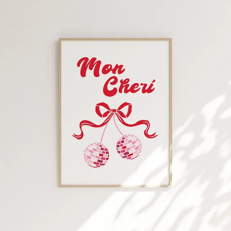 Trendy Retro Wall Art, Mon Cheri, Cherry Disco Ball Print, Aesthetic Cherry Poster, Dorm Posters, Gifts For Her Besties...