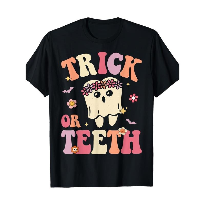 Trick Or Teeth Ghost Dental Halloween Treat Dentist T-Shirt Made in USA Hoodie, Sweatshirt | GrindPrints.com