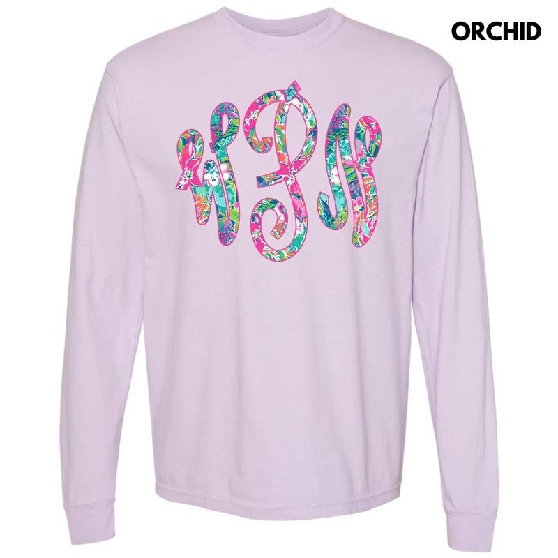 Tropical Monogram Long Sleeve Comfort Colors T-Shirt 'NLB' Hoodie, Sweatshirt | GrindPrints.com