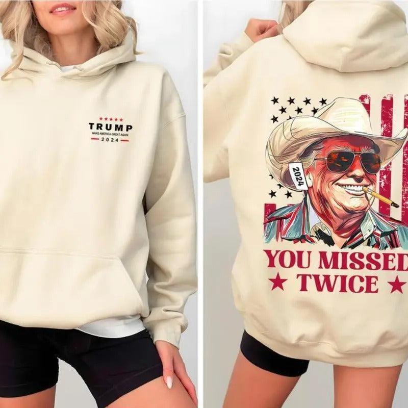 Trummp 2024 Cowboy Western Make America Great Again You Missed Twice 2 Slide Hoodie, Trummp Second Attempt Hoodie, Gift...