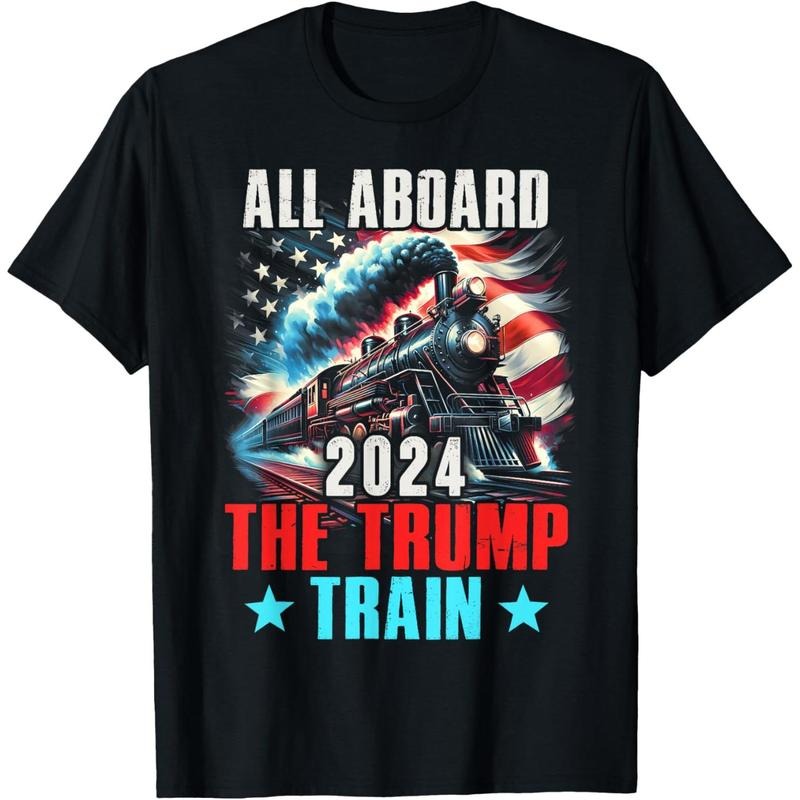 Trump 2024 All Aboard The Trump Train US American Flag T-Shirt made in usa Hoodie, Sweatshirt | GrindPrints.com