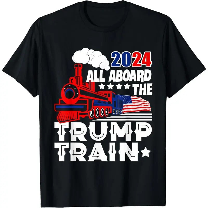 Trump 2024 All Aboard The Trump Train USA American Flag T-Shirt made in usa Hoodie, Sweatshirt | GrindPrints.com