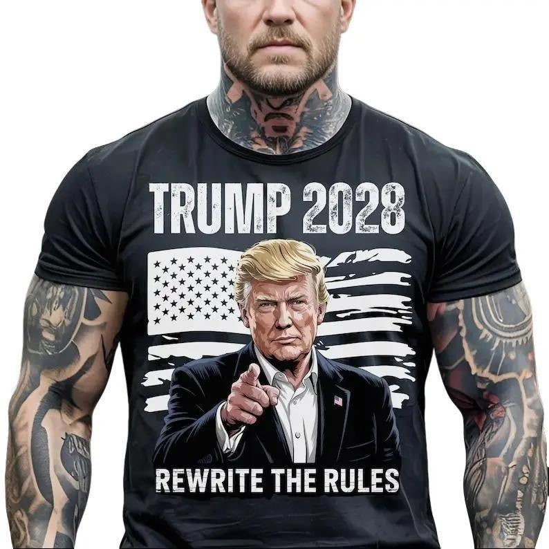 Trump 2028 Shirt, Portrait of Trump with USA Flag, "Rewrite the Rules" Slogan, Bold Patriotic Conservative Election...