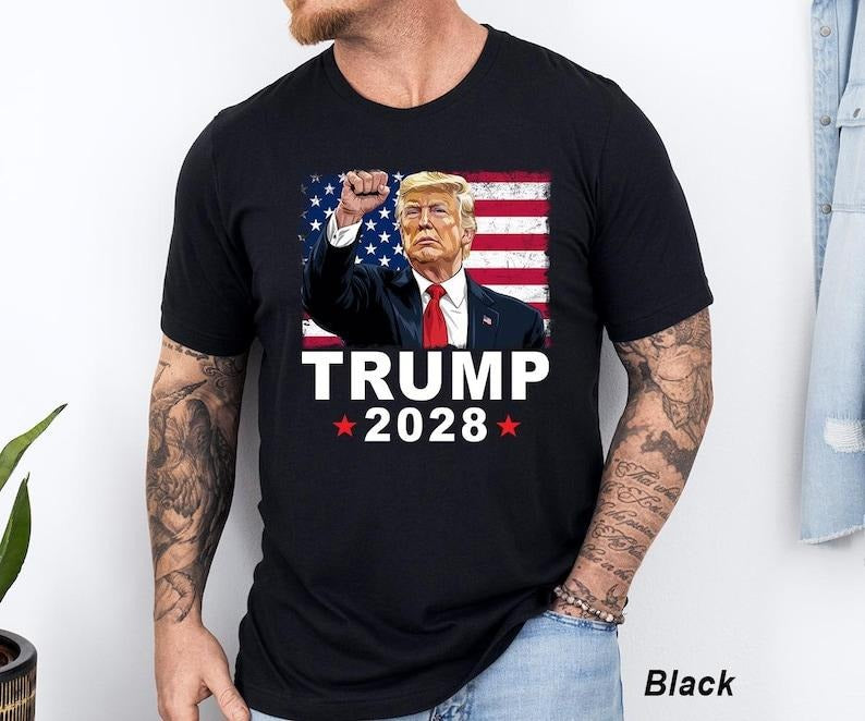 Trump 2028 T-Shirt , Unisex Jersey Tee, Re-Elect Trump 2028 T-Shirt, American Flag Gifts, Red Hot Politics Shirt,...