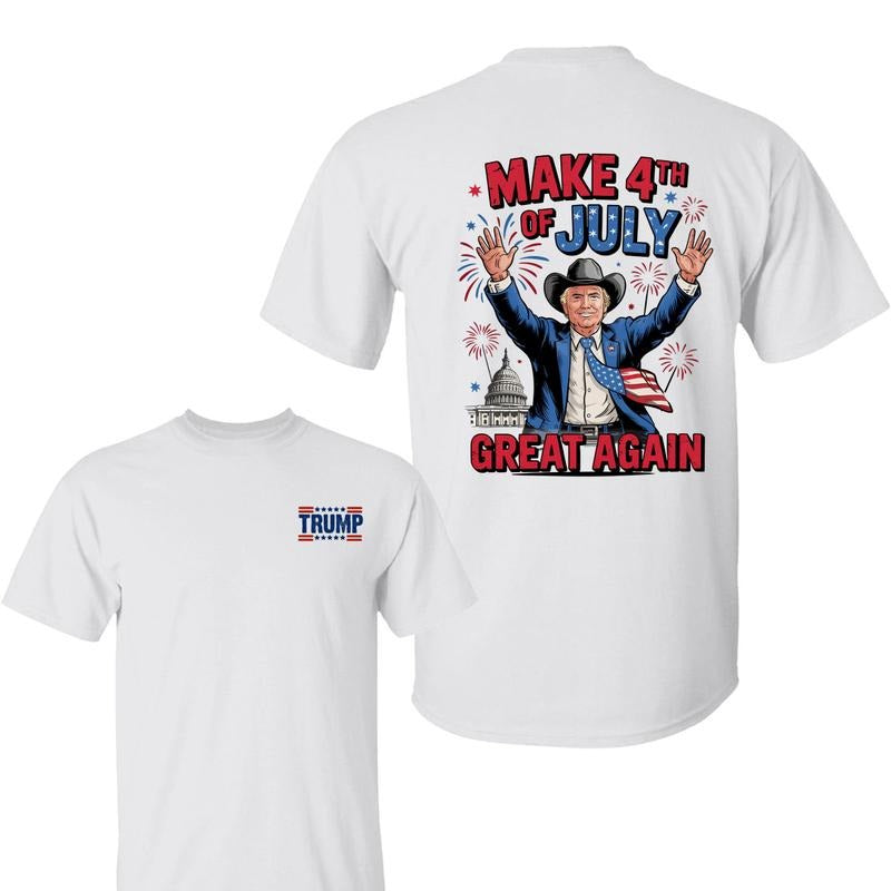 Trump Cowboy T-Shirt, "Make 4th of July Great Again" Graphic with Fireworks & Capitol, Patriotic Look for Independence...