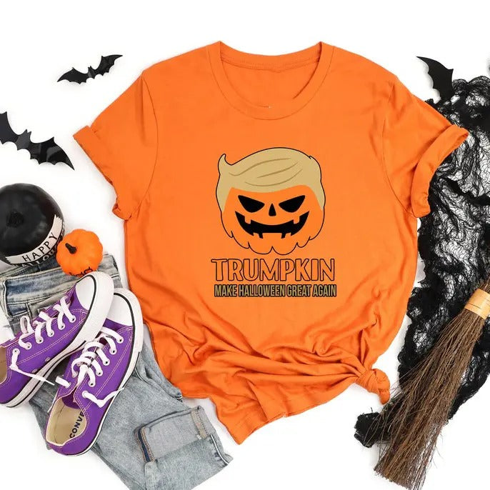 Trumpkin Make Halloween Great Again! Funny Pumpkin Halloween Lovers Pumpkin Halloween Shirt Casual Classic Cotton Fabric Collar T-Shirts, Hoodie, Sweatshirt