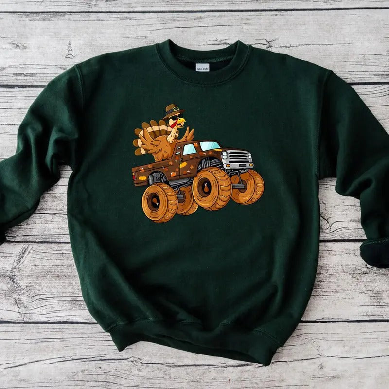 Turkey Riding Monster Truck Sweatshirt, Boys Thanksgiving Shirt, Funny Turkey Day Sweater, Thankful Hoodie | GrindPrints.com