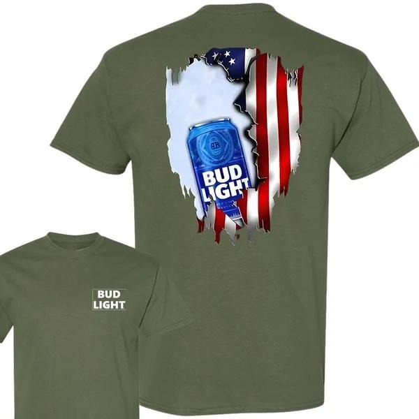 Two-sided Bud Light American Flag T-shirts, Funny Summer Graphic Tee, Trendy Outdoors Beer Lover Sweatshirt, Unisex...