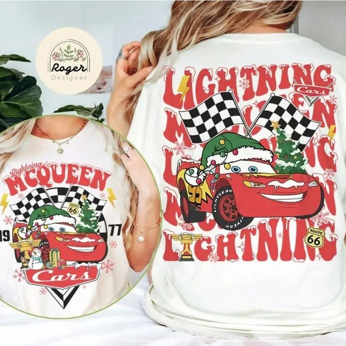 Two-sided Cars Christmas Shirt,  McQueen Tow Mater Doc Hudson Sally Very Merry Christmas Party, Cars Land Family...