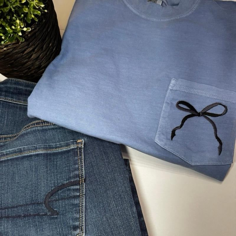 Two tone embroidered bow-pocket tee Hoodie, Sweatshirt | GrindPrints.com