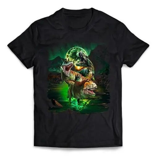 Tyrannosaurus Rex Dinosaur Hunting in Valley Amidst Asteroid Impact - Short-Sleeve Unisex, Men Made in USA T-Shirts,...