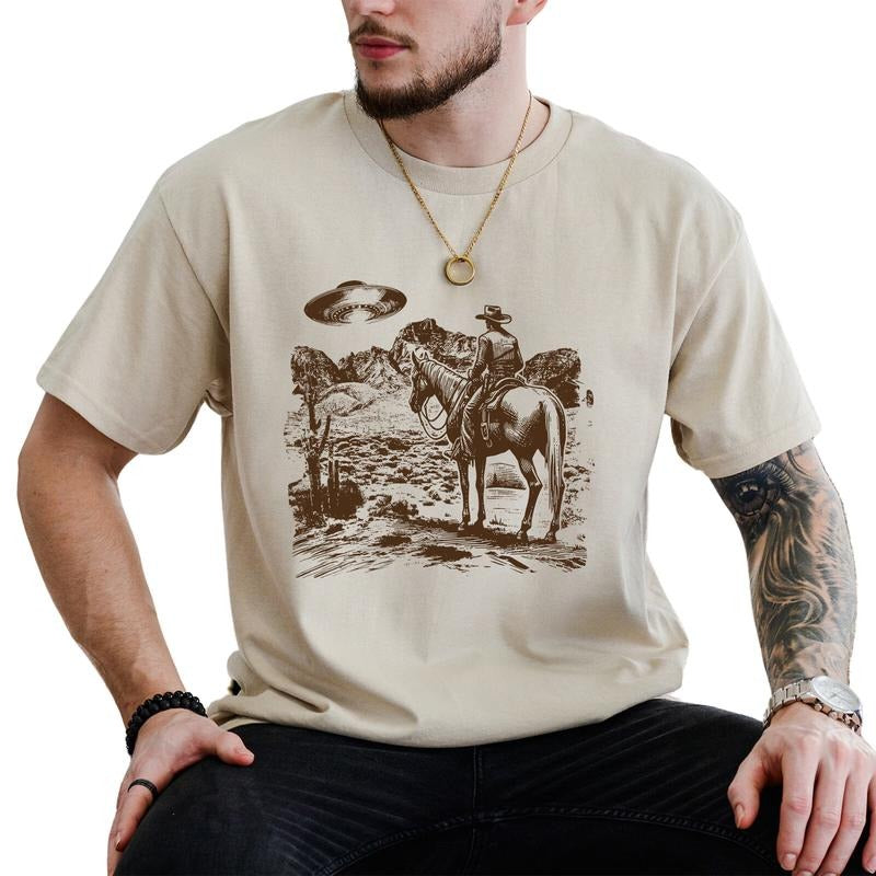 UFO Western Tee, Retro Cowboy Shirt, Vintage Cowboy Graphic Printed Shirt, Rodeo T-shirt, Wild West Tee, Retro Western...