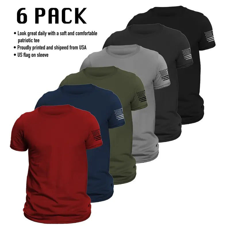 US Patriotic Flag on Sleeve T-Shirt 6 Pack Classic Crewneck Tee Soft Comfortable Everyday Wear Streetwear Top Menswear...