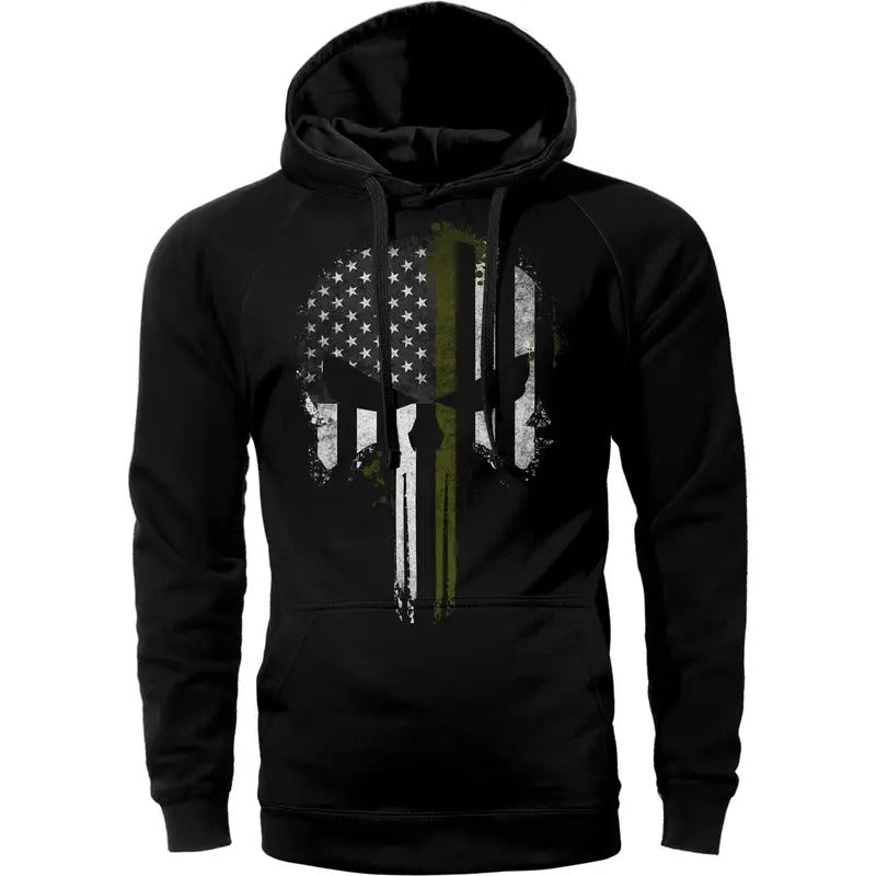 US Thin Green Line Flag Skull Army Hoodie Sweatshirt Cotton Fabric T-Shirts | GrindPrints.com