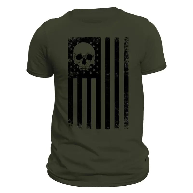 USA Black Vertical Flag With Skull Men's T-Shirt Crewneck Casual Hoodie, Sweatshirt | GrindPrints.com
