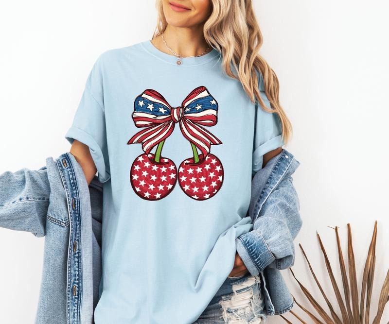 USA Cherries and Bow Comfort Colors tee Shirt Casual Vintage Breathable Top Hoodie, Sweatshirt | GrindPrints.com