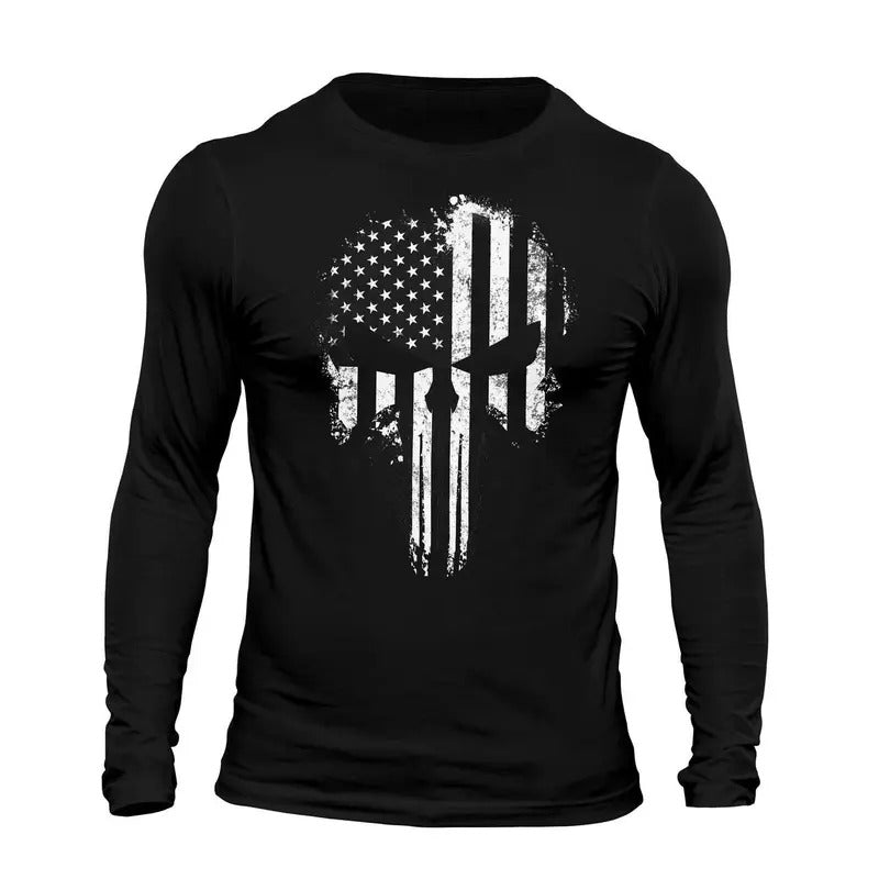 USA Flag Tactical B&W Skull Long Sleeve Men's T-Shirt Casual Classic Hoodie, Sweatshirt | GrindPrints.com