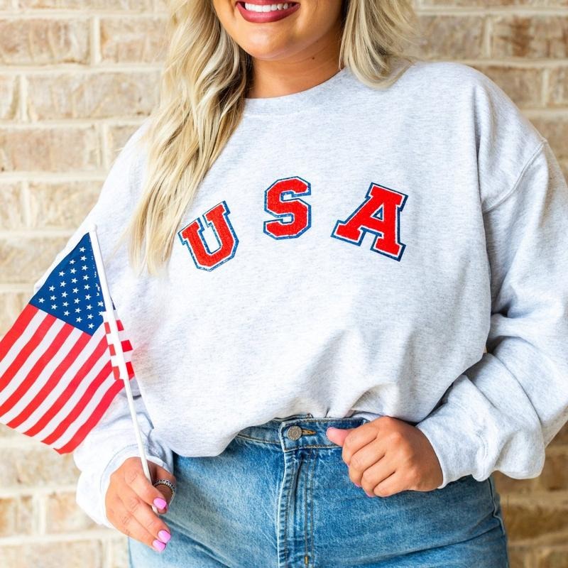 USA Letter Patch Patriotic Pullover Crew, Chenille Letter Patch T-Shirts, Hoodie, Sweatshirt | GrindPrints.com