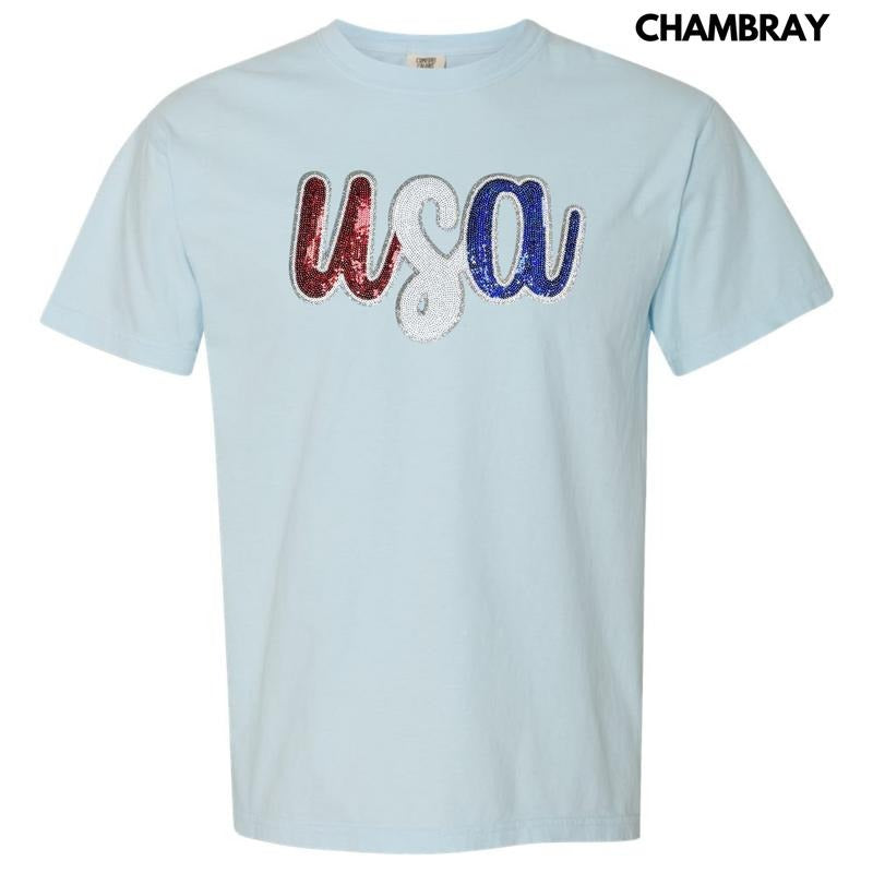 USA Red White & Blue Sequin Patch Comfort Colors T-Shirt Hoodie, Sweatshirt | GrindPrints.com