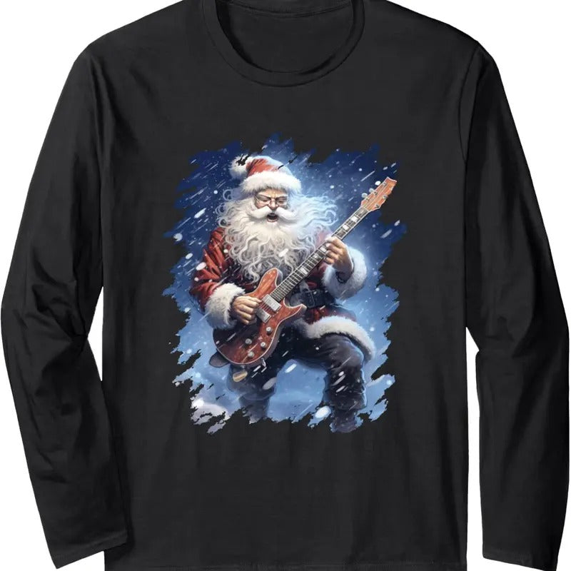 Ugly Christmas Sweater - Santa Claus Playing Guitar Long Sleeve T-Shirt Hoodie, Sweatshirt | GrindPrints.com