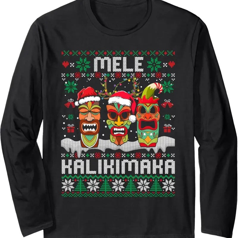 Ugly Christmas Sweater Mele Kalikimaka Hawaiian Xmas Pajamas Long Sleeve T-Shirt Hoodie, Sweatshirt | GrindPrints.com