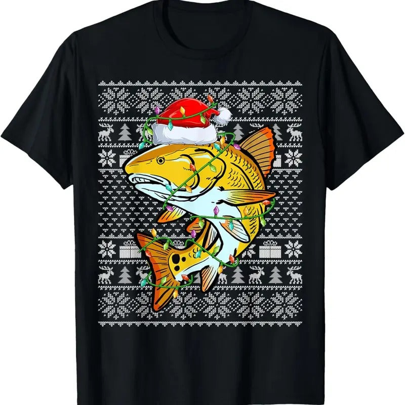 Ugly Sweater Style Xmas Lights Santa Redfish Christmas T-Shirt Hoodie, Sweatshirt | GrindPrints.com