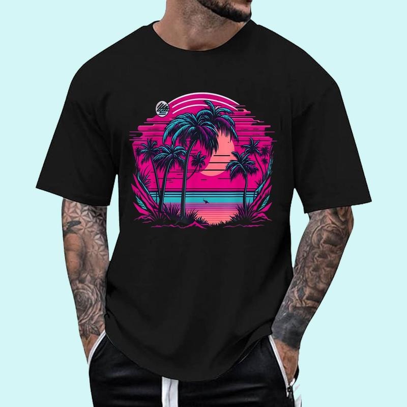 [Unisex Cotton Shirt] 90s Vaporwave Aesthetic Palm Trees Retro 80s Art Vaporwave T-Shirt Hoodie, Sweatshirt | GrindPrints.com