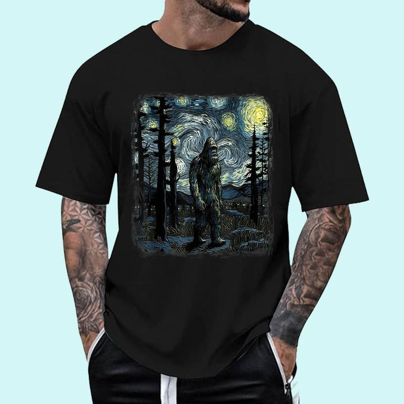 [Unisex Cotton Shirt] Bigfoot Starry Night Sasquatch Van Gogh Sky Painting Art T-Shirt Hoodie, Sweatshirt | GrindPrints.com