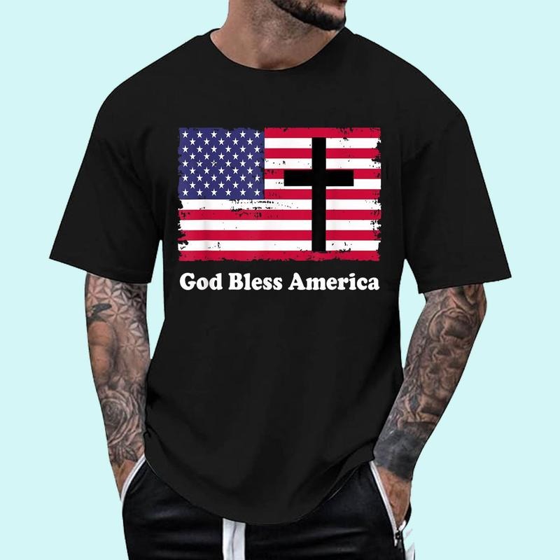 [Unisex Cotton Shirt] God Bless America Patriotic Flag with Cross T-Shirt Hoodie, Sweatshirt | GrindPrints.com