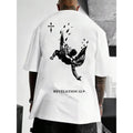 Unisex Men's Angel & Letter Print Round Neck Drop Shoulder Tee, Loose Graphic Short Sleeve Crew Neck T-Shirt, Casual...