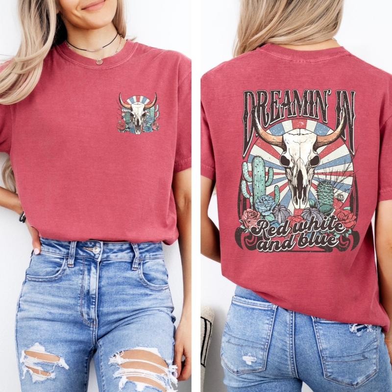 Unisex comfort colors July 4th dreaming in red white and blue short sleeve cotton casual graphic Tshirt Hoodie, Sweatshirt