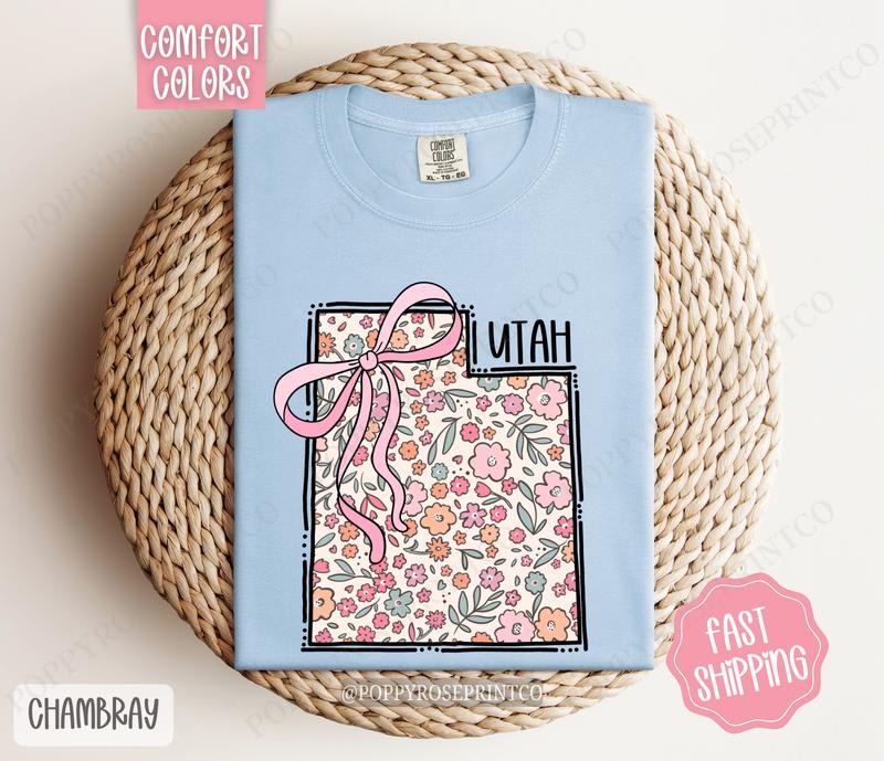 Utah Floral Bow Comfort Colors T-shirt, Cute Trendy Tee, State Coquette Oversized Top Hoodie, Sweatshirt | GrindPrints.com