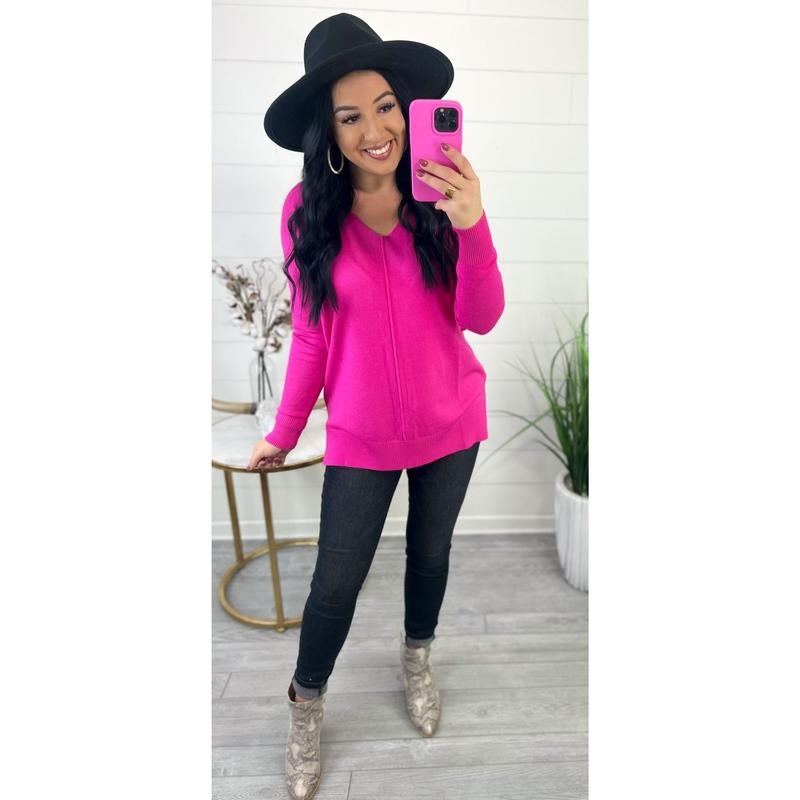 V-Neck Front Seam Sweater in Neon Hot Pink T-Shirts, Hoodie, Sweatshirt | GrindPrints.com