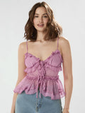 V Neck Mesh Cami Top Bow Tie Front Spaghetti Strap Frill Trim Ruffle Hem Camisole Tops T-Shirts, Hoodie, Sweatshirt